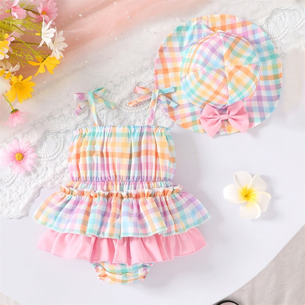 2PCS Sweet Plaid Printed Bow Frill Trim Sleeveless Baby Romper