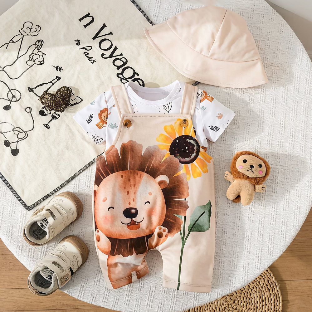 3PCS Lion Sunflower Printed Short Sleeve Baby Overalls Set