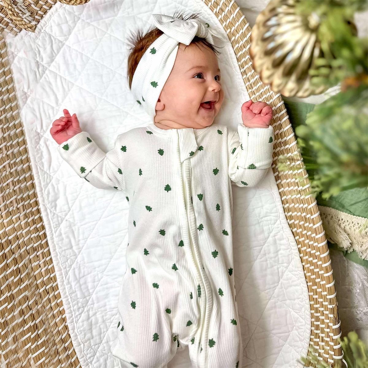 2PCS Trees Printed Ribbed Zipper Baby Jumpsuit