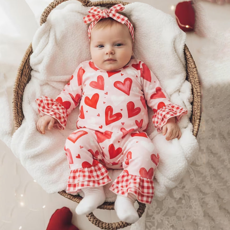 2PCS Heart Plaid Print Long Sleeve Baby Jumpsuit