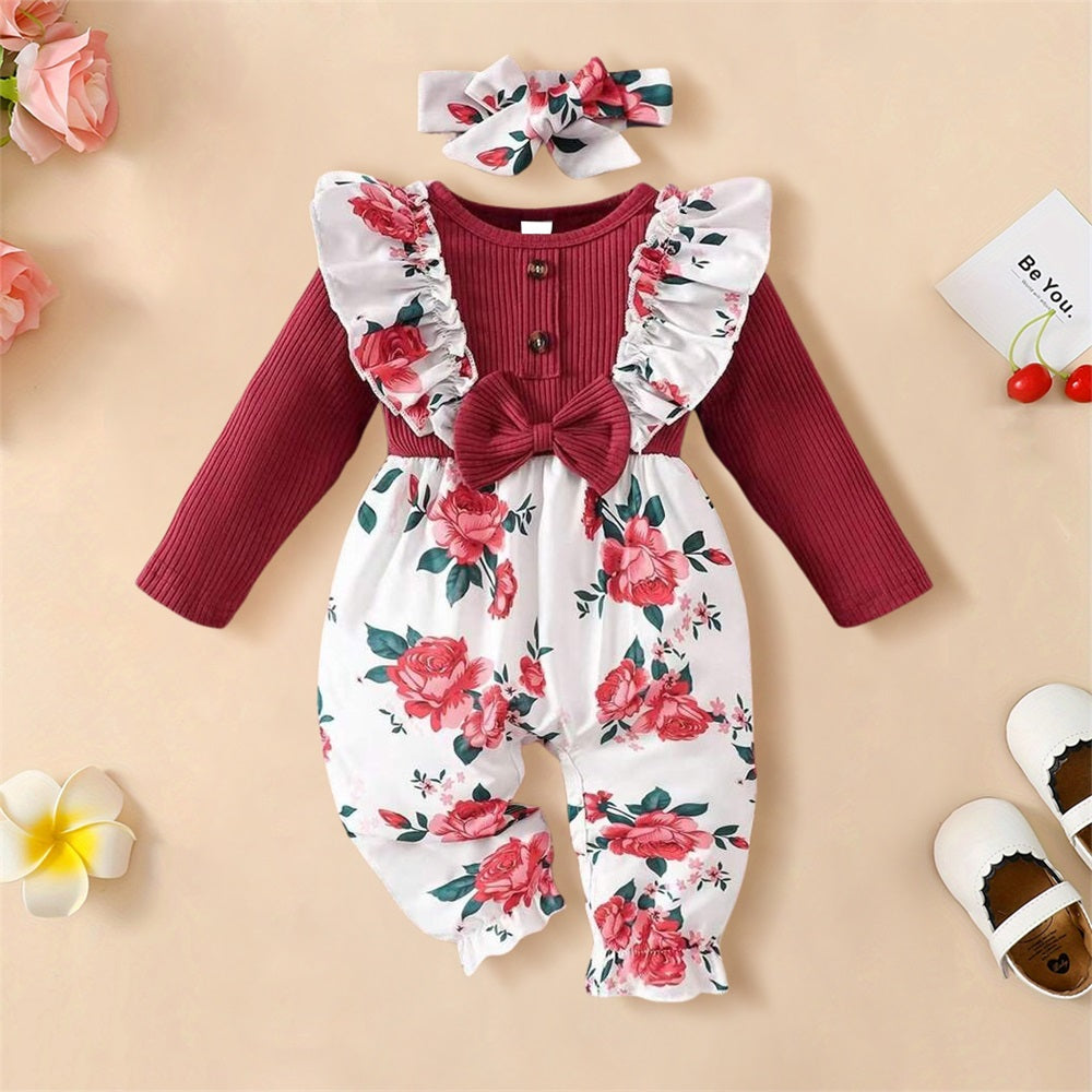 2PCS Trendy Floral Print Long Sleeve Baby Jumpsuit