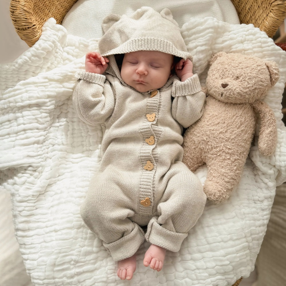 Cozy Solid Color Knit Long Sleeve Baby Hooded Jumpsuit