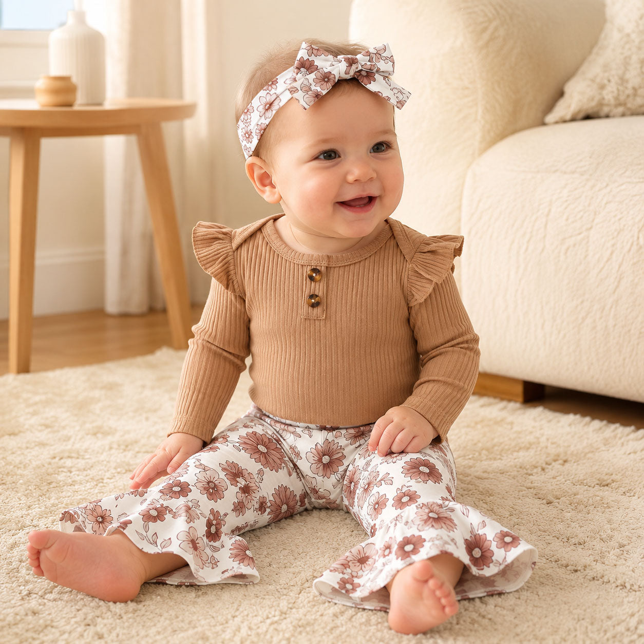 3PCS Pretty Floral Printed Ruffled Flare Pants Baby Set