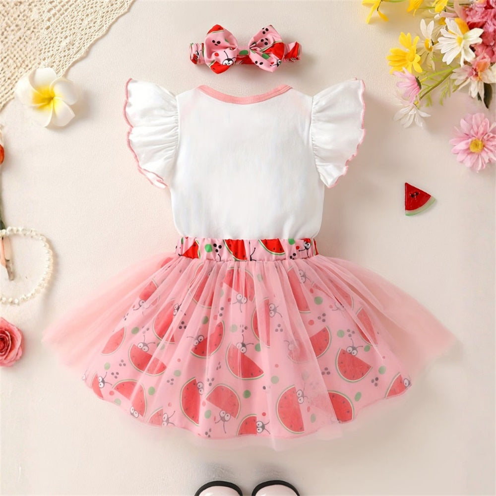 3PCS Like Summer Letter Watermelon Printed Fly Sleeve Tulle Skirt Baby Set