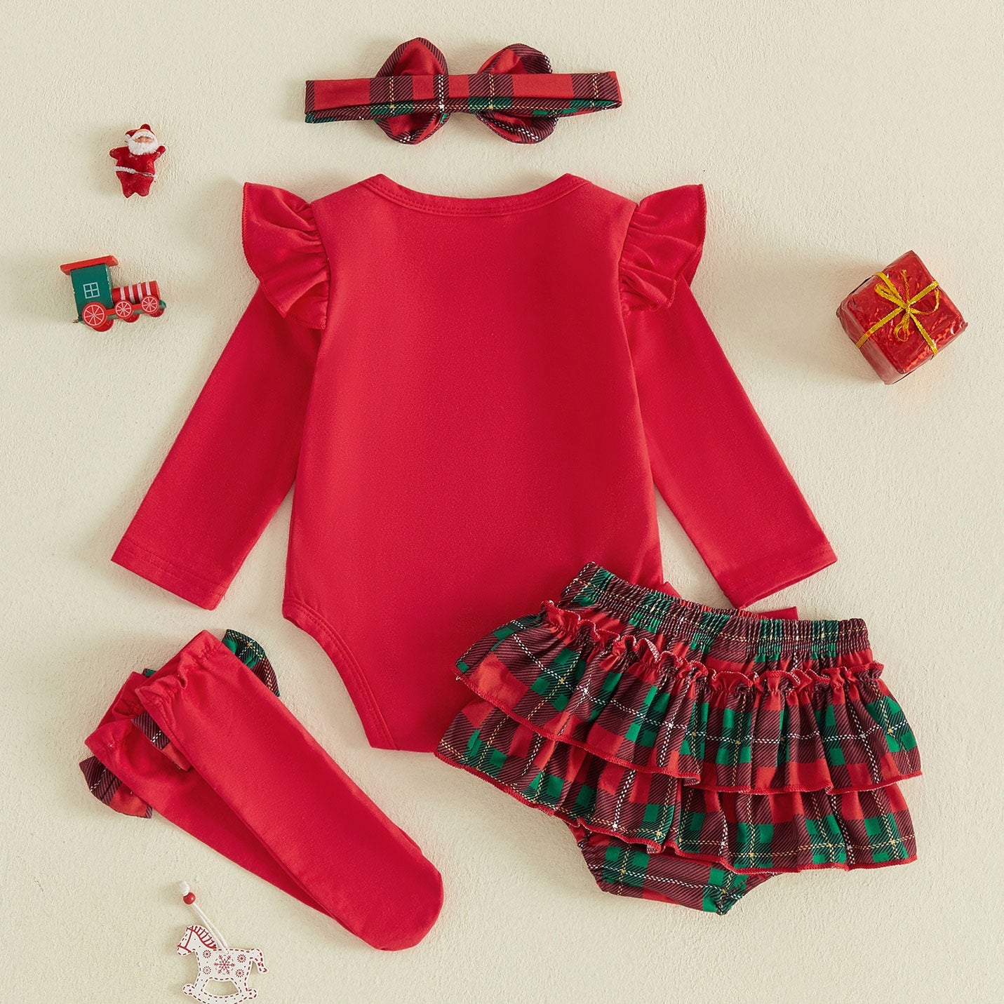4PCS My 1st Christmas Letter Plaid Santa Claus Print Baby Set