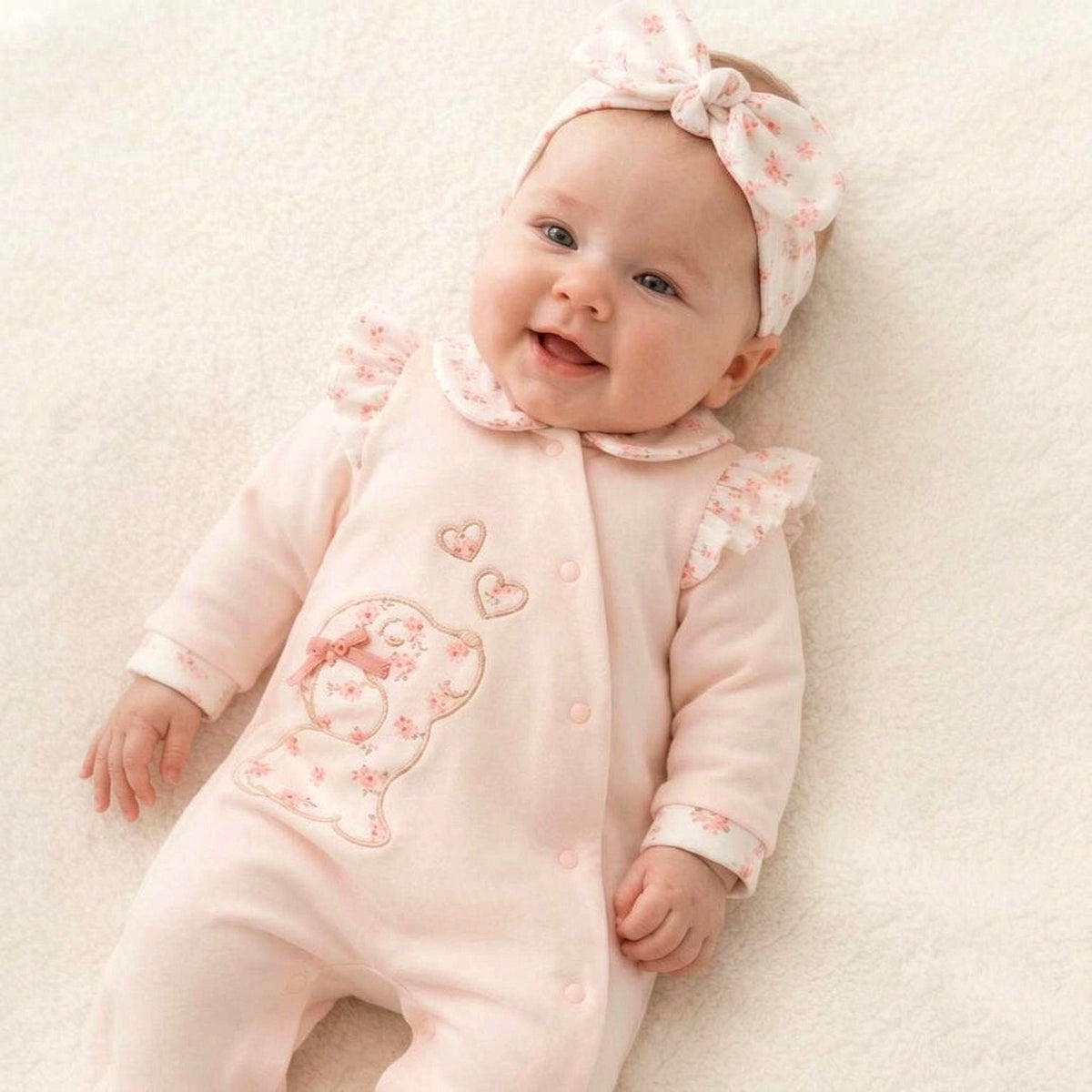 2PCS Cute Puppy Embroidery Floral Printed Long Sleeve Baby Jumpsuit