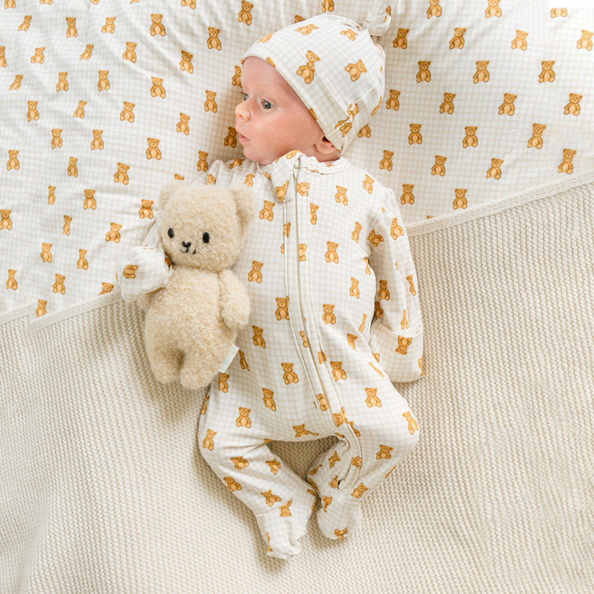 2PCS Bear Plaid Printed Long Sleeve Zipper Baby Jumpsuit