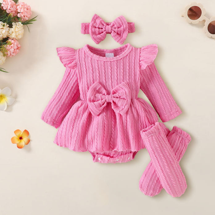 3PCS Solid Color Bow Long Sleeve Baby Girl Romper