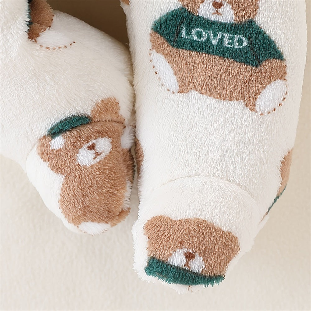 Plush Bear Print Long Sleeve Plush Hooded Jumpsuit