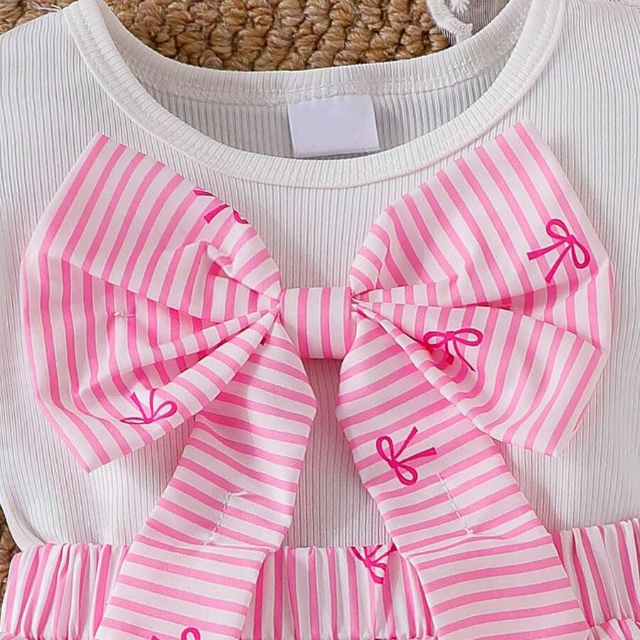 2PCS Gorgeous Stripe Bow Print Short Sleeve Baby Romper