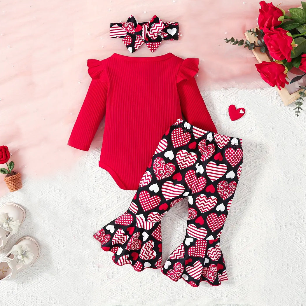 3PCS Ribbed Long Sleeve Heart Print Flared Pants Baby Set