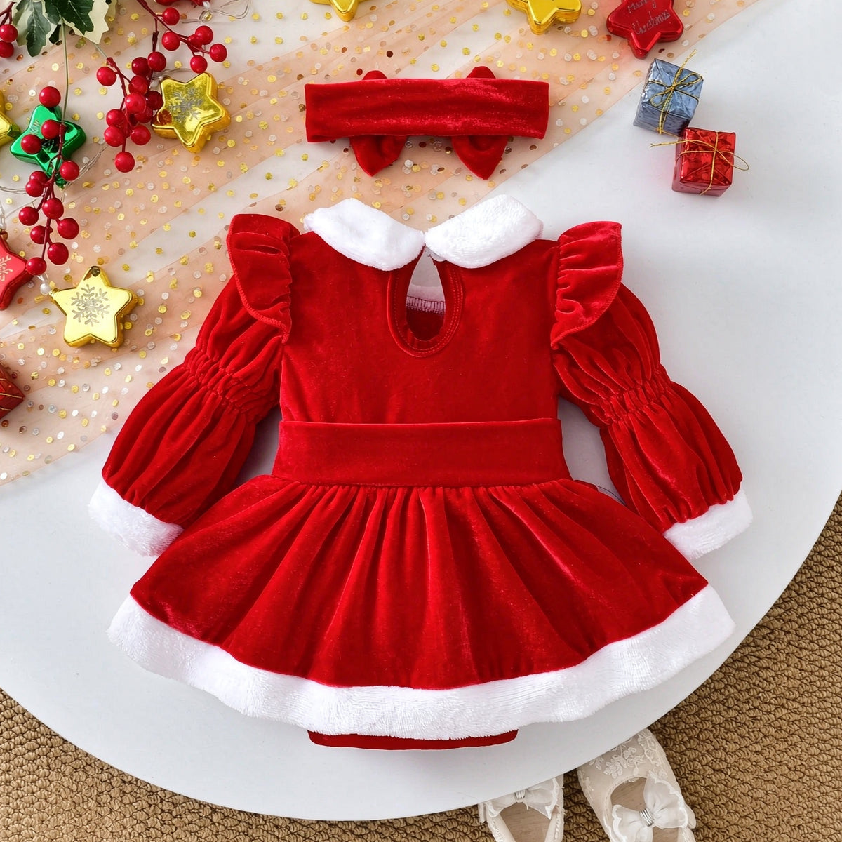 2PCS Color Block Long Sleeve Christmas Baby Girl Velvet Romper