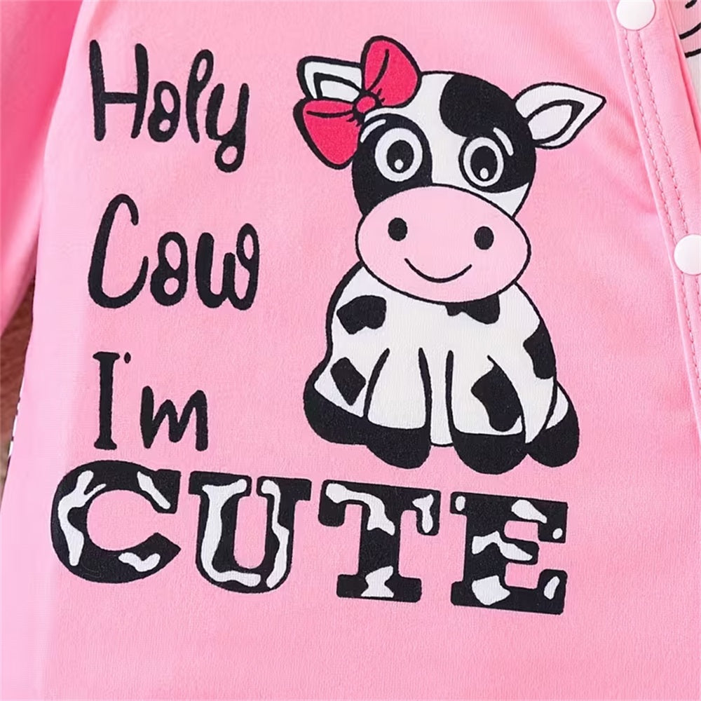 2PCS Holy Cow I'm Cute Letter Print Long Sleeve Baby Girl Jumpsuit