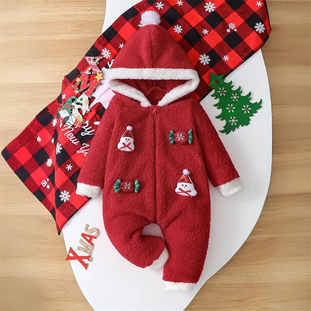Christmas 3D Snowman Print Plush Long Sleeve Baby Hooded Jumpsuit