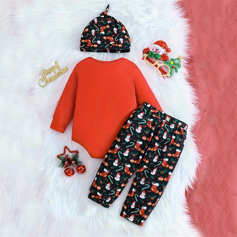 3PCS Santa Baby Letter Snowman Print Long Sleeve Baby Set