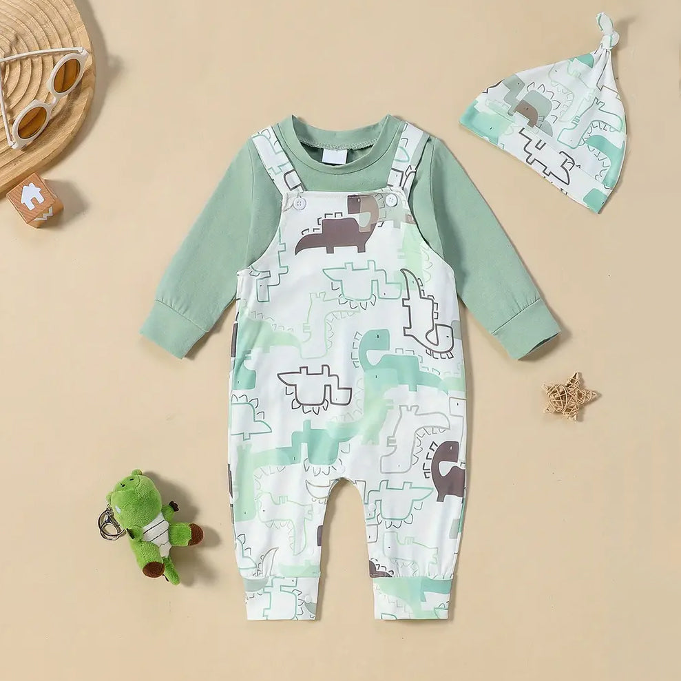 3PCS Cute Dinosaur Printed Long Sleeve Baby Overalls Set