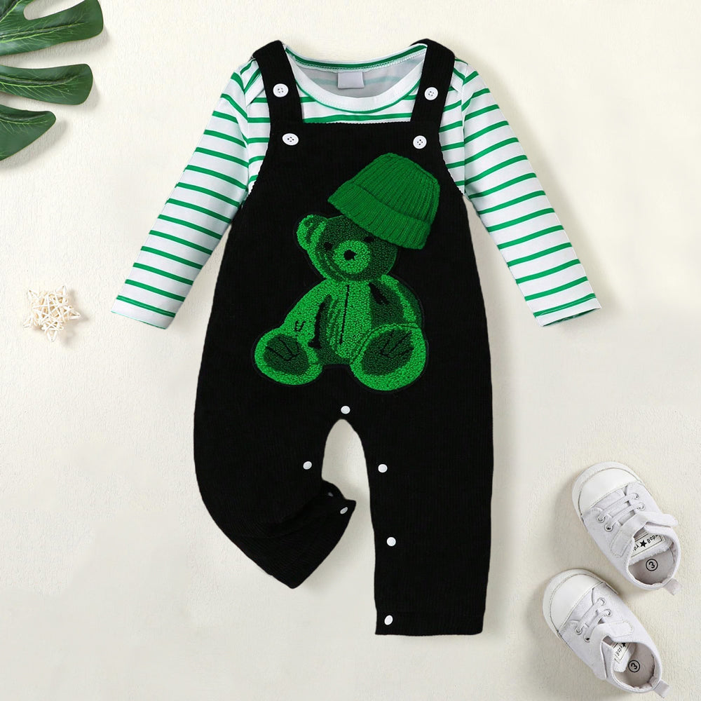 2PCS Stripe Bear Printed Long Sleeve Baby Overalls Set