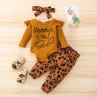 3PCS Mommy's Little Girl Letter Leopard Printed Baby Set
