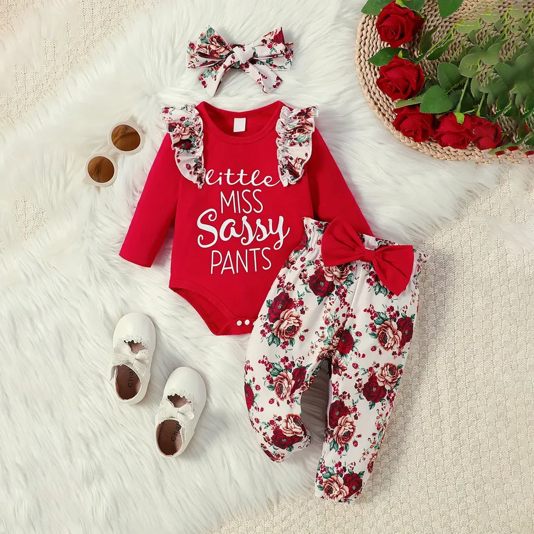 3PCS Little Miss Sassy Letter Floral Printed Long Sleeve Baby Jumpsuit