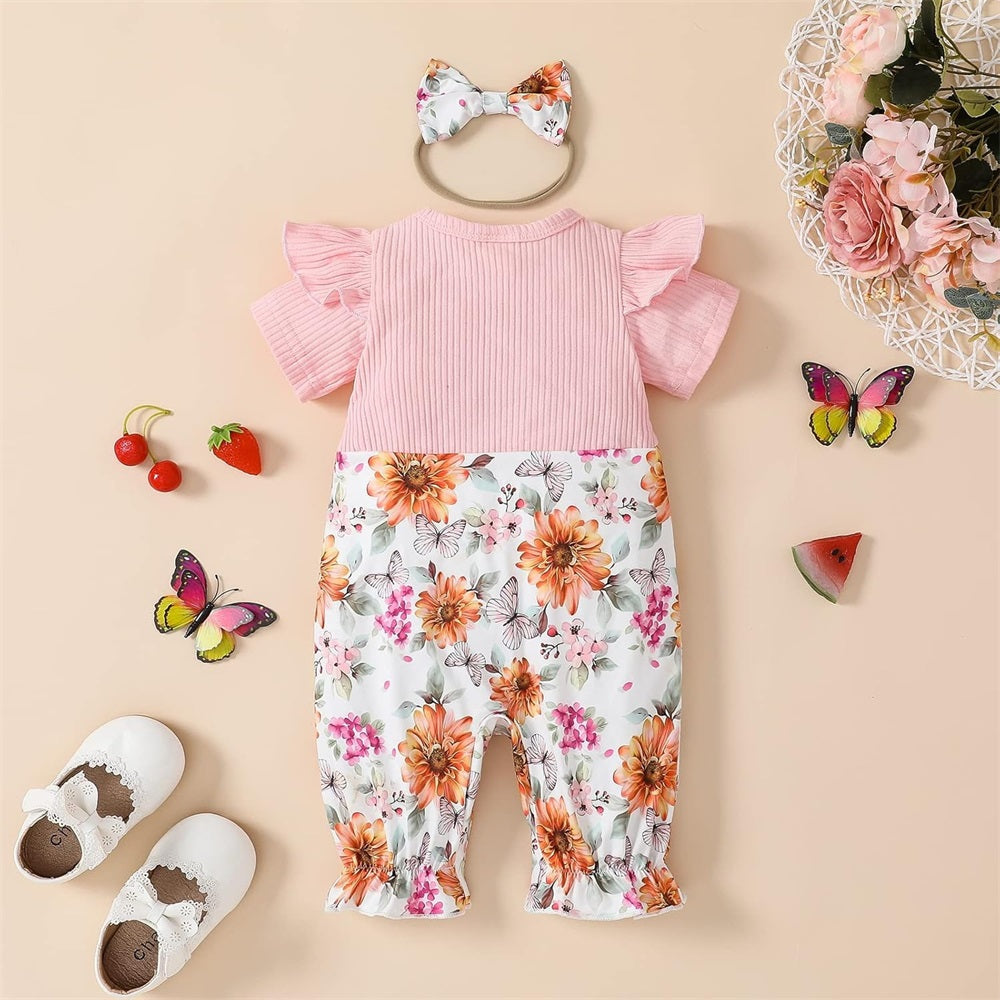 2PCS Trend Floral Printed Bow Short Sleeve Baby Jumpsuit