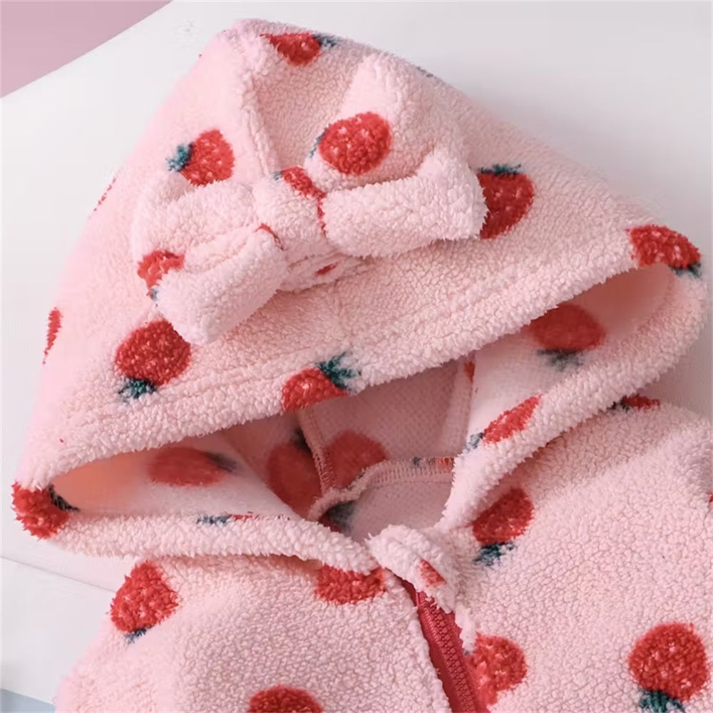 Sweet Strawberry Print Long Sleeve Plush Baby Jumpsuit
