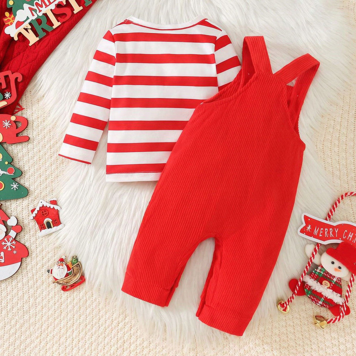 2PCS Christmas Stripe Printed Santa Claus Embroidery Overalls Baby Set
