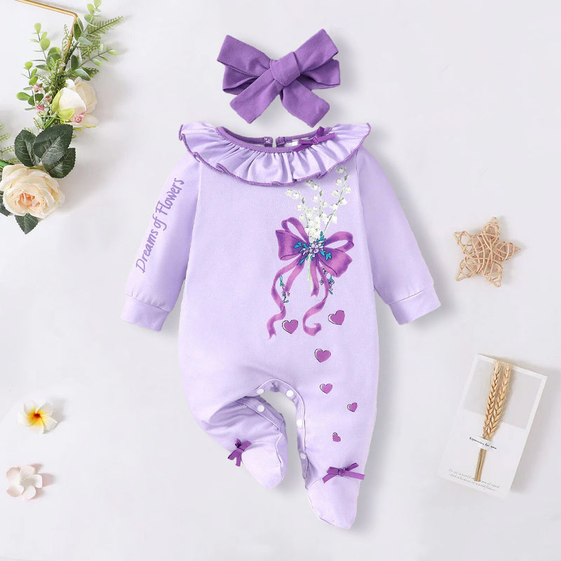 2PCS Elegant Contrast Color Ruffle Collar Bow-Tie Printed Baby Jumpsuit