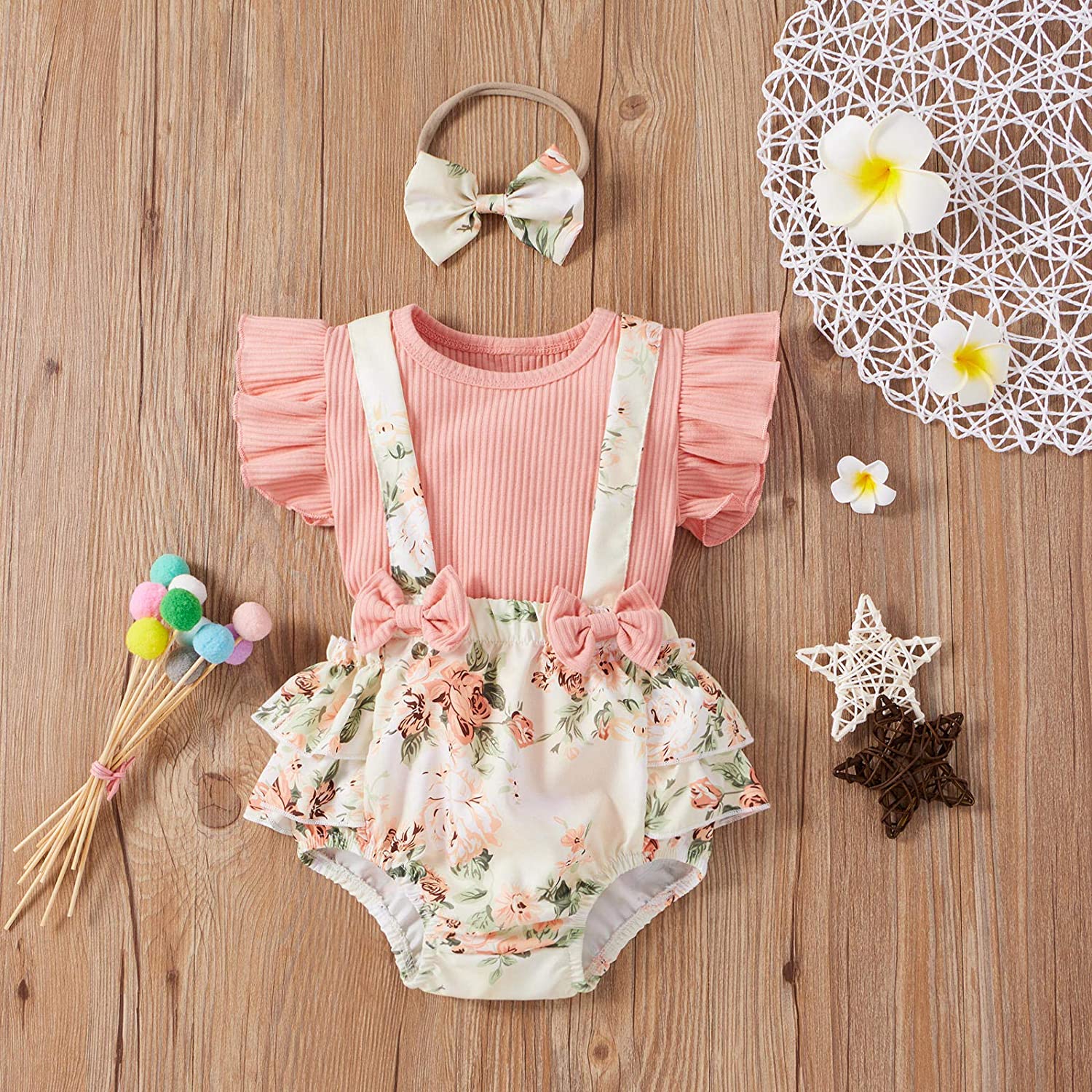 Conjunto de bebé con estampado floral sólido encantador de 3 piezas