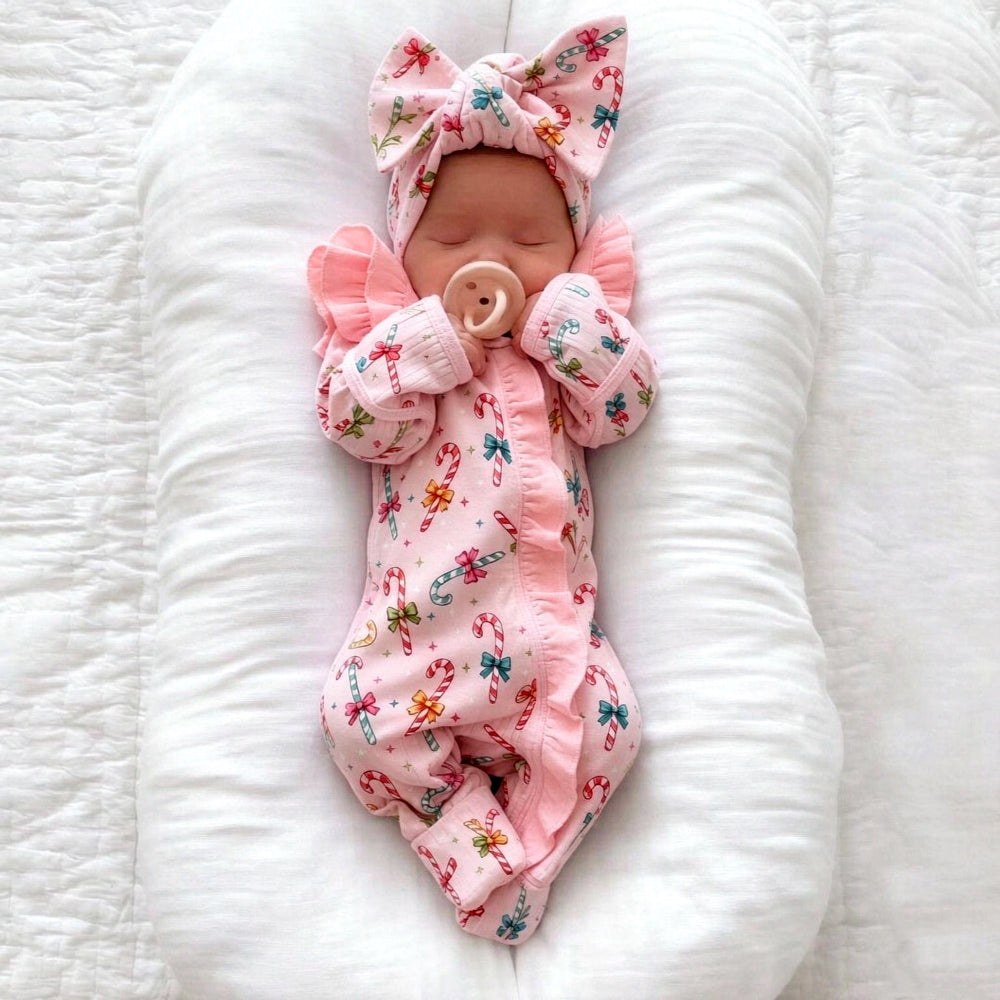 2PCS Vivid Baby Girl Candy Cane Bow Print Zipper Long Sleeve Jumpsuit