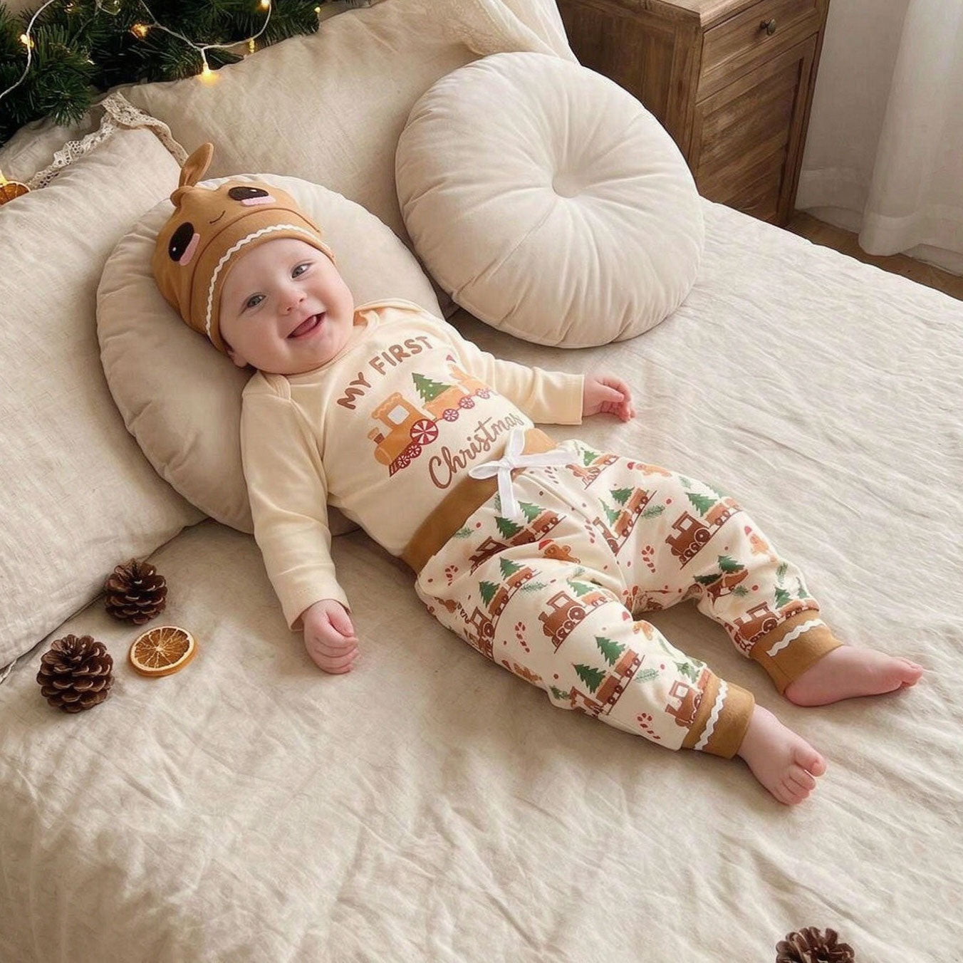 3PCS My First Christmas Letter Gingerbread Printed Long Sleeve Baby Set