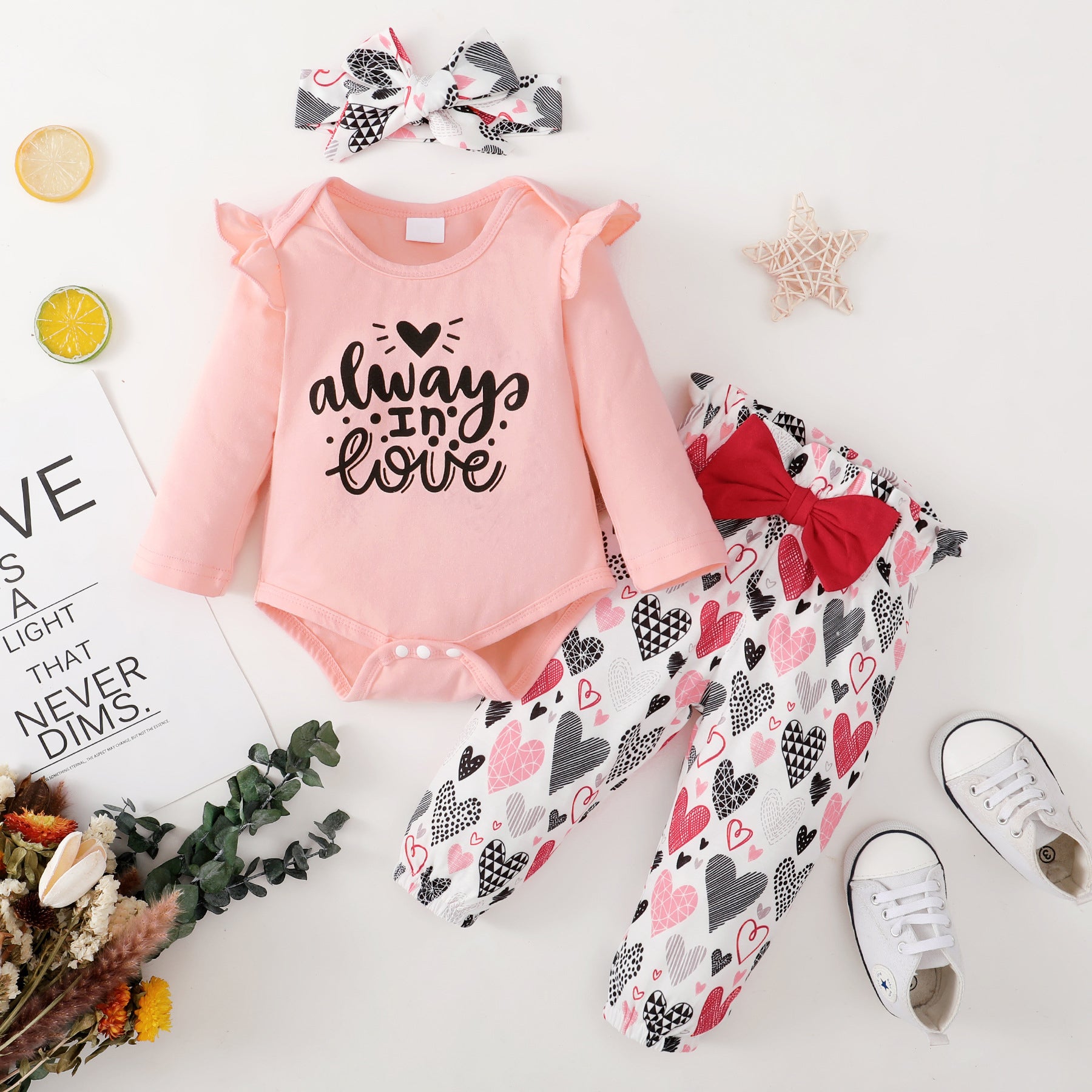 3PCS Always In Love Letter Heart Print Long Sleeve Baby Set