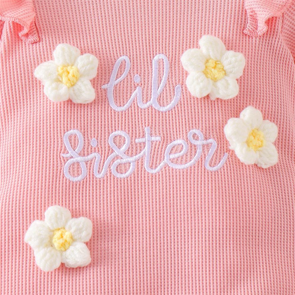 2PCS Lis Sister Letter Floral Appliqué Short Sleeve Baby Jumpsuit