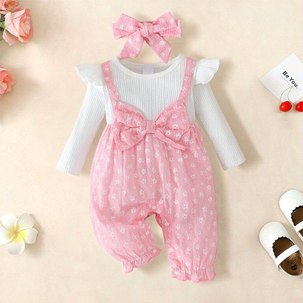2PCS Mori Style Floral Print Bow Long Sleeve Baby Girl Jumpsuit