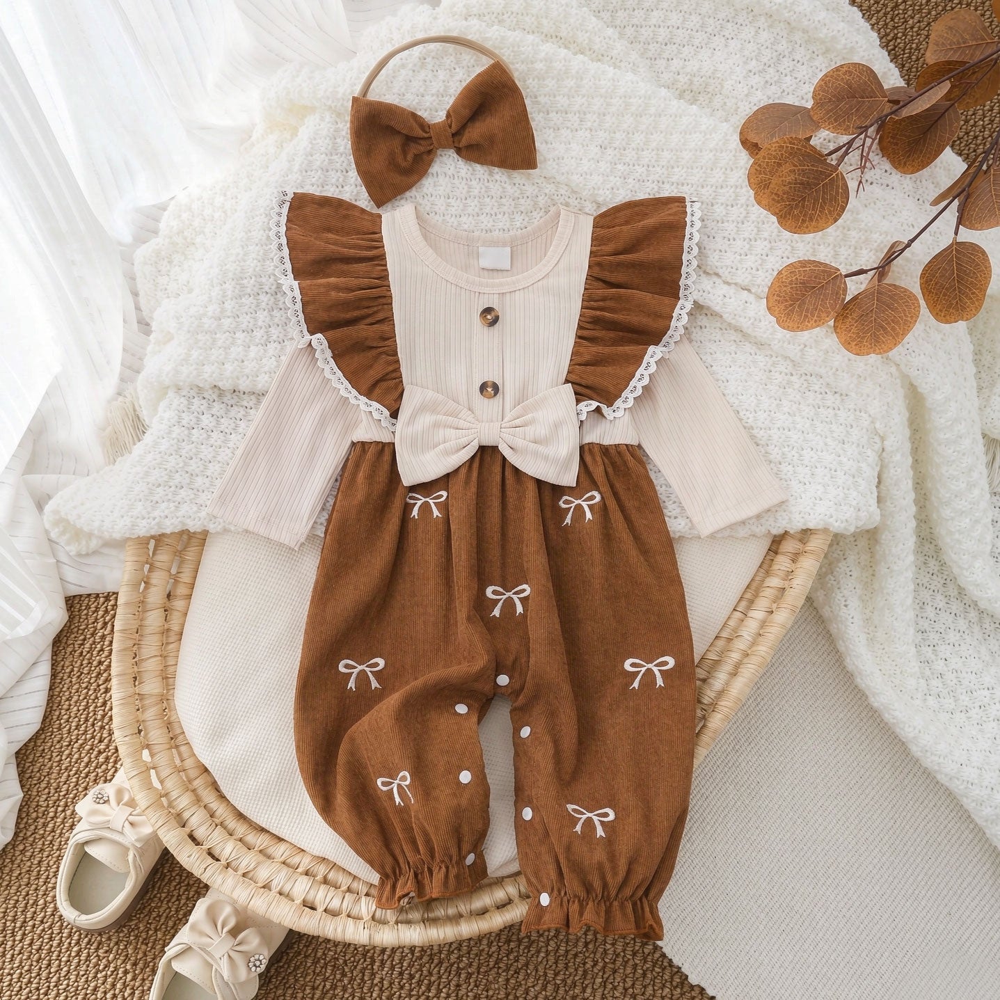 2PCS Pretty Bow Printed Long Sleeve Baby Girl Jumpsuit