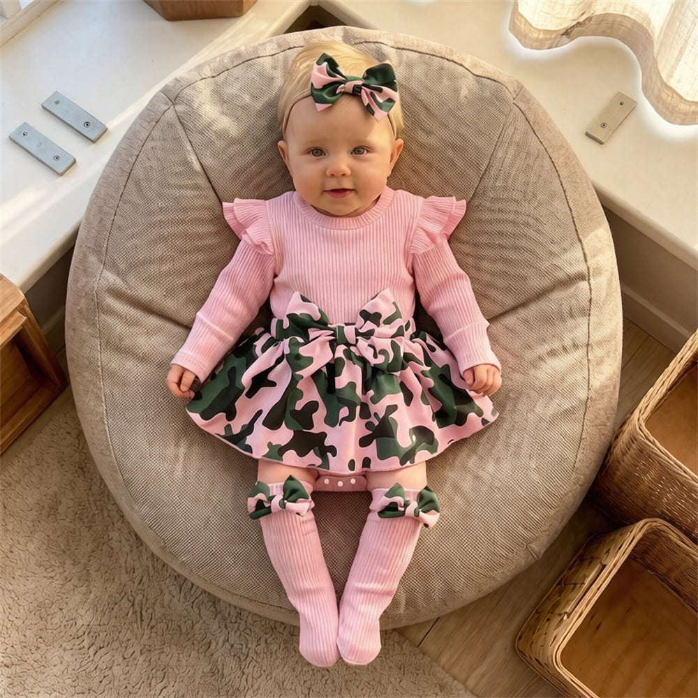 3PCS Adorable Camouflage Print Bow Baby Girl Romper