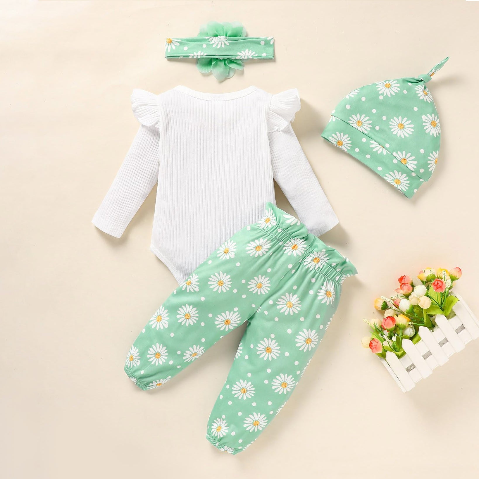 4PCS Fresh Little Sis Letter Daisy Printed Long Sleeve Baby Set