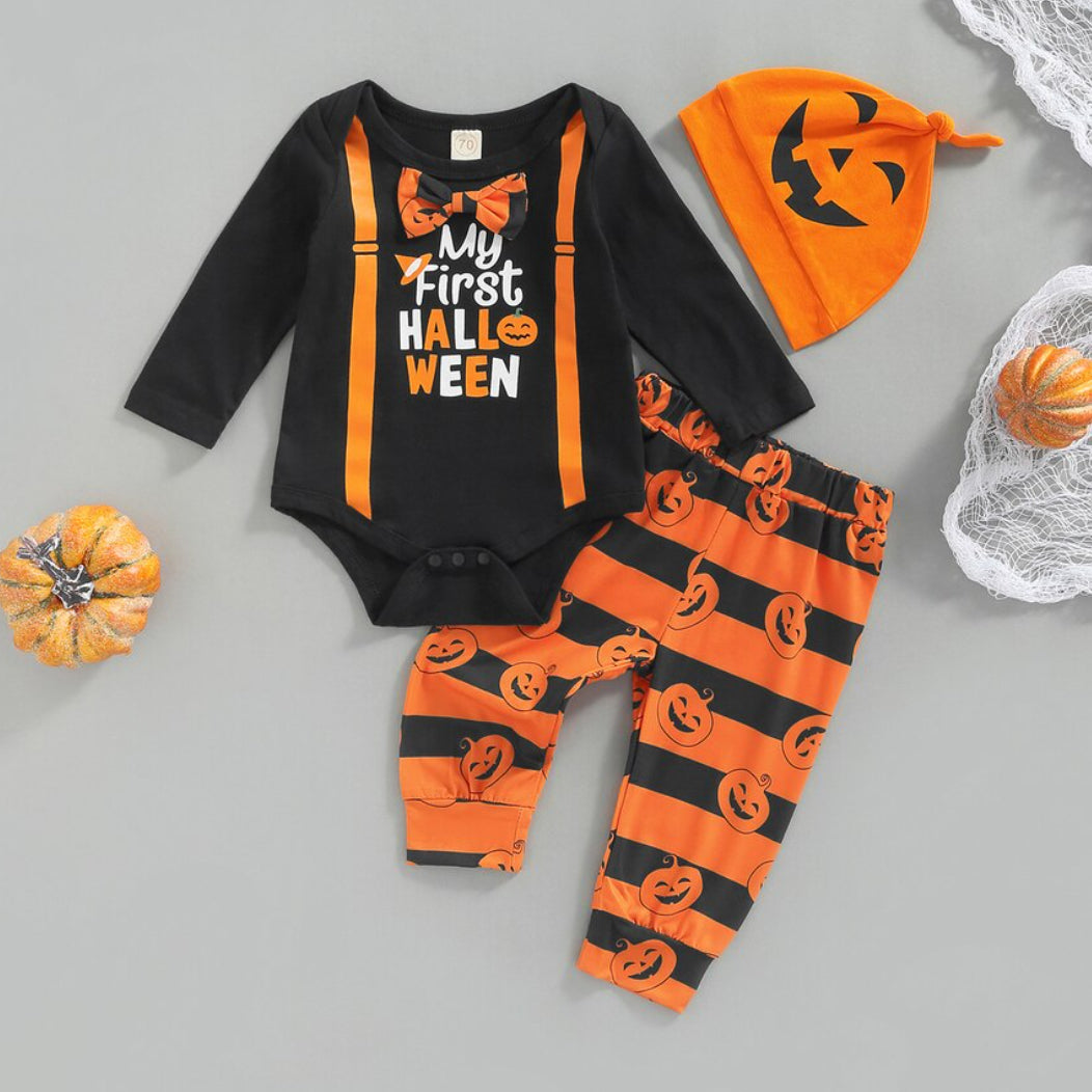 3PCS My First Halloween Letter Pumpkin Pattern Printed Long Sleeve Baby Set