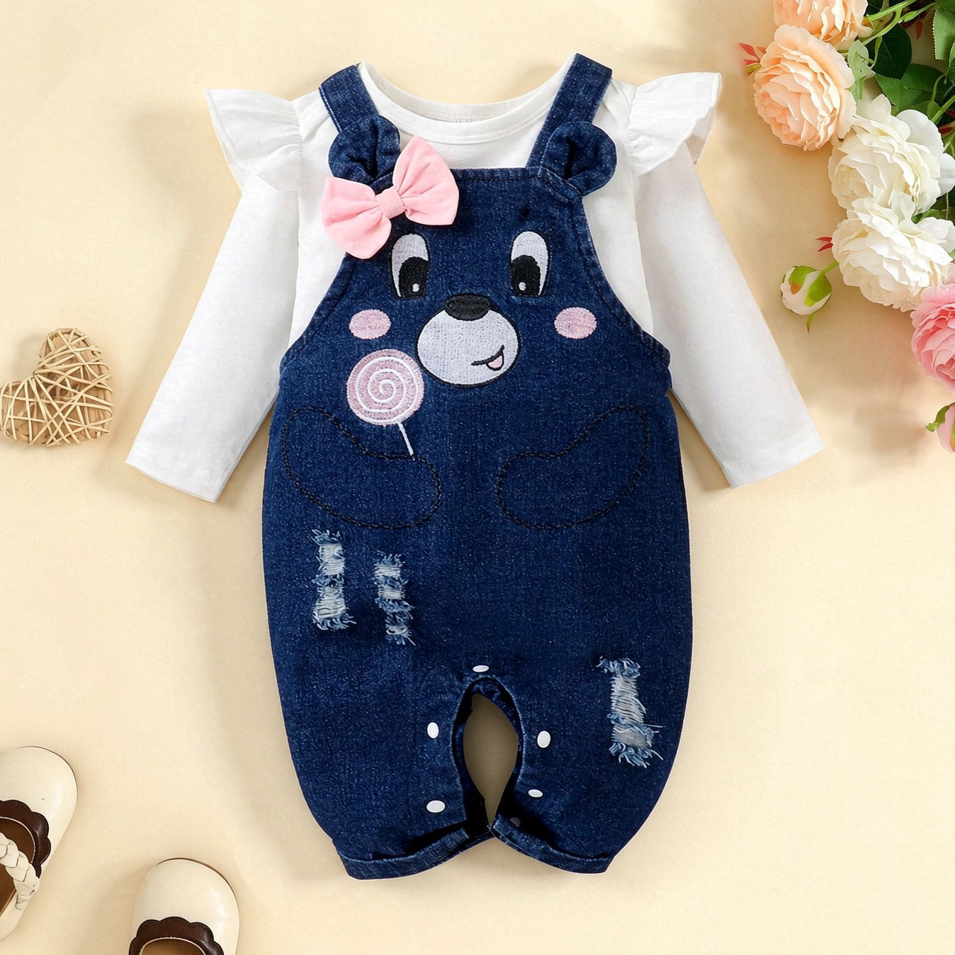 Cute Bear-Embroidered Faux Two-Piece Denim Baby Jumpsuit