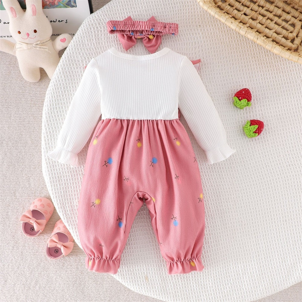 2PCS Cute Dandelion Print Bow Long Sleeve Baby Jumpsuit