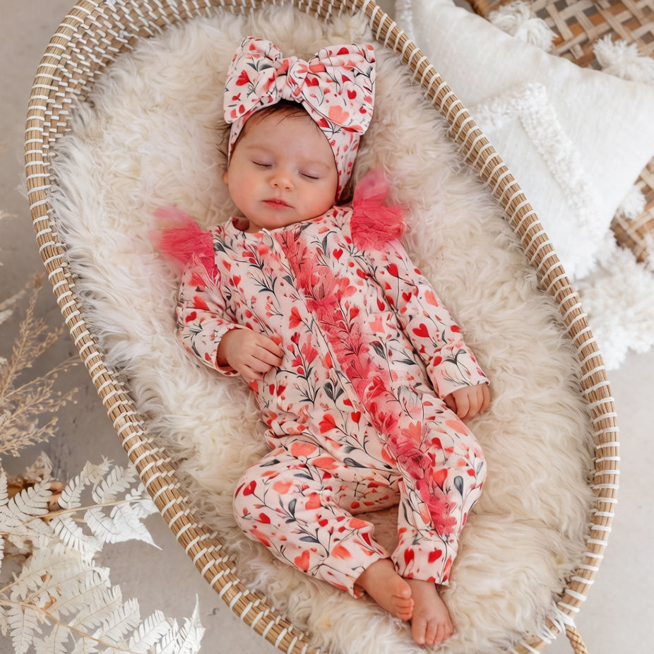 2PCS Vibrant Floral Print Tulle Zipper Long Sleeve Baby Jumpsuit