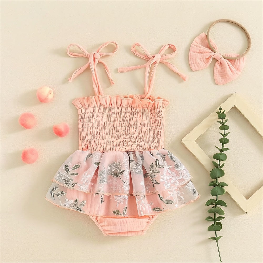 2PSC Trend Floral Embroidery Sleeveless Baby Romper