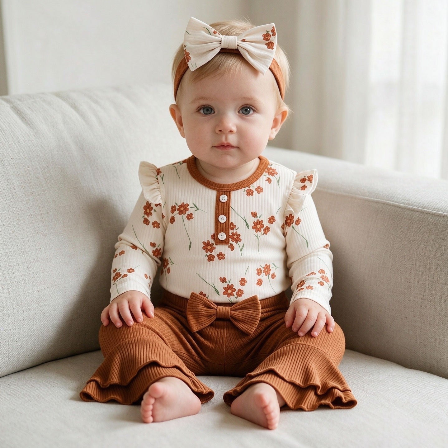 3PCS Timeless Floral Print Bowknot Decor Long Sleeve Baby Set