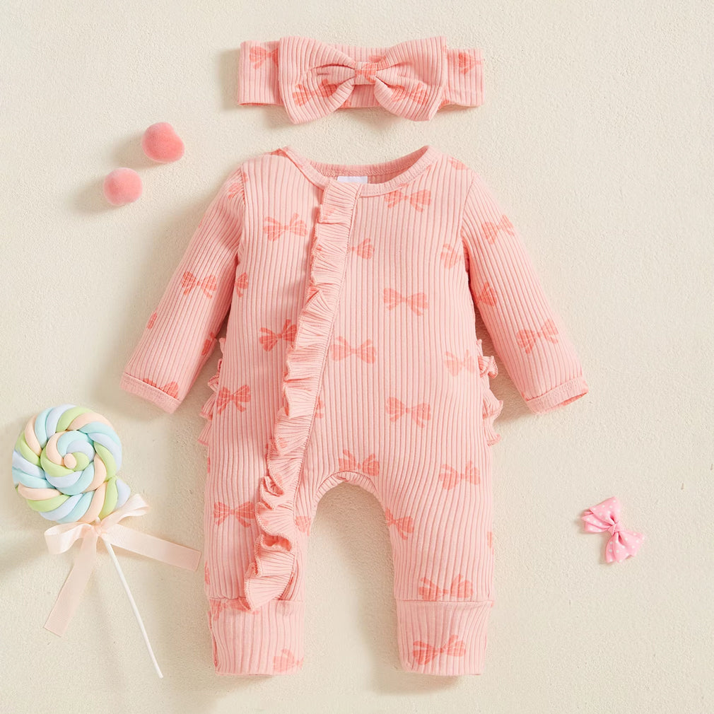 2PCS Cute Bowknot Printed Zipper Long Sleeve Baby Jumpsuit