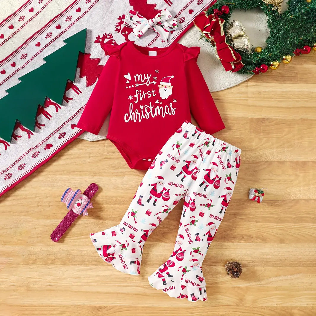 3PCS My First Christmas Letter Santa Claus Printed Long Sleeve Baby Set