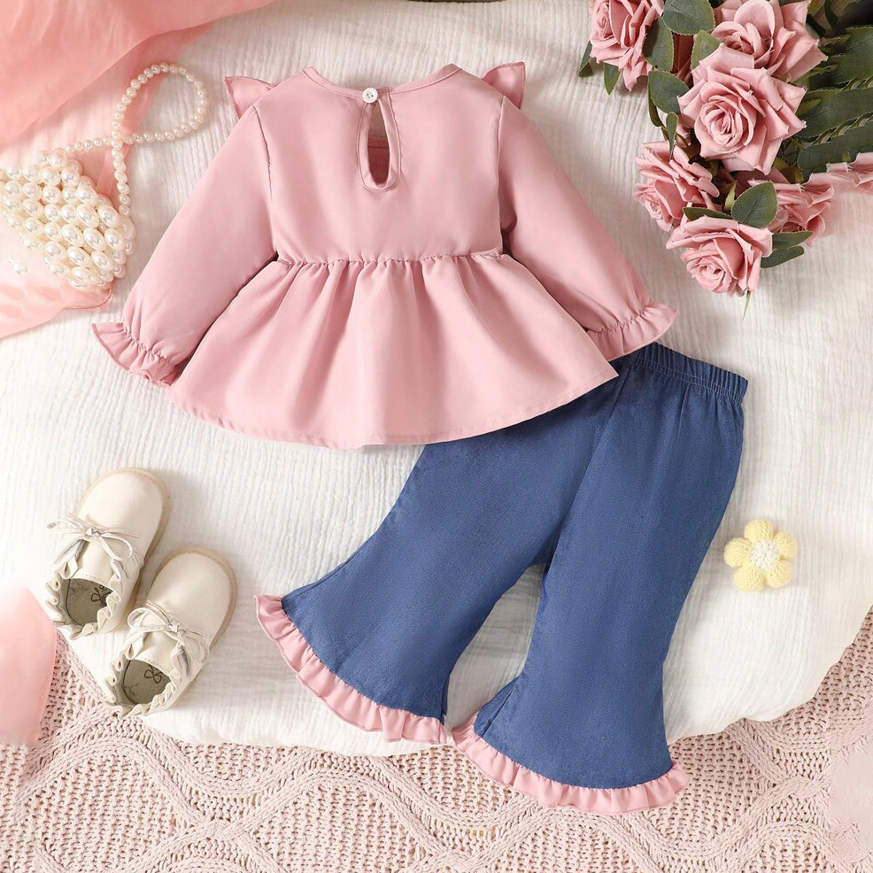 3PCS Pretty Embroidery Floral Printed Ruffled Flare Pants Baby Set