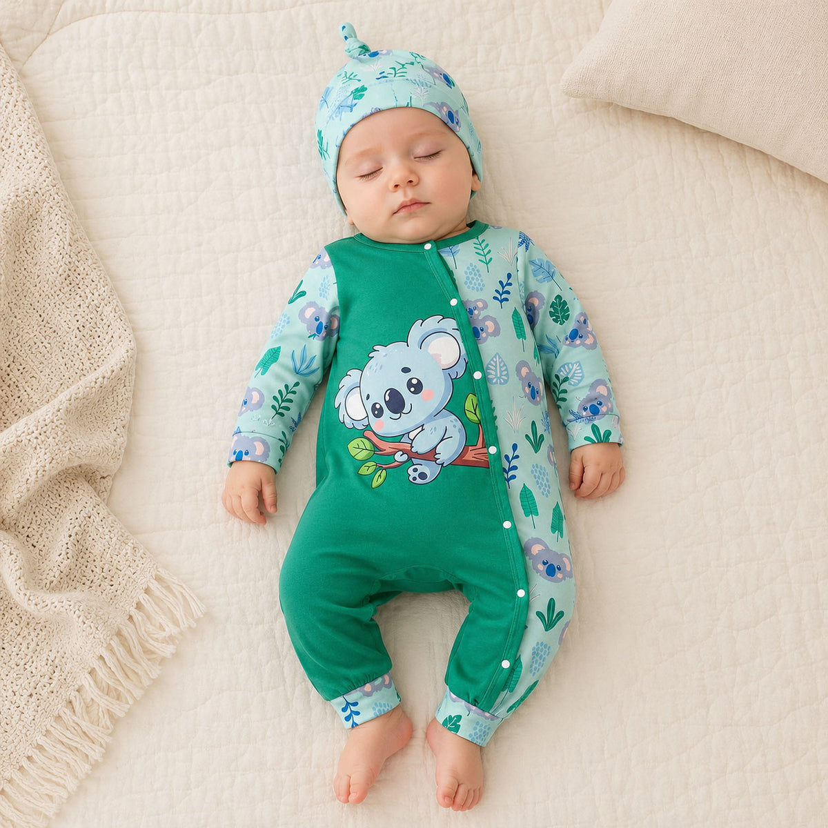 2PCS Adorable Koala and Plant Print Long Sleeve Baby Jumpsuit
