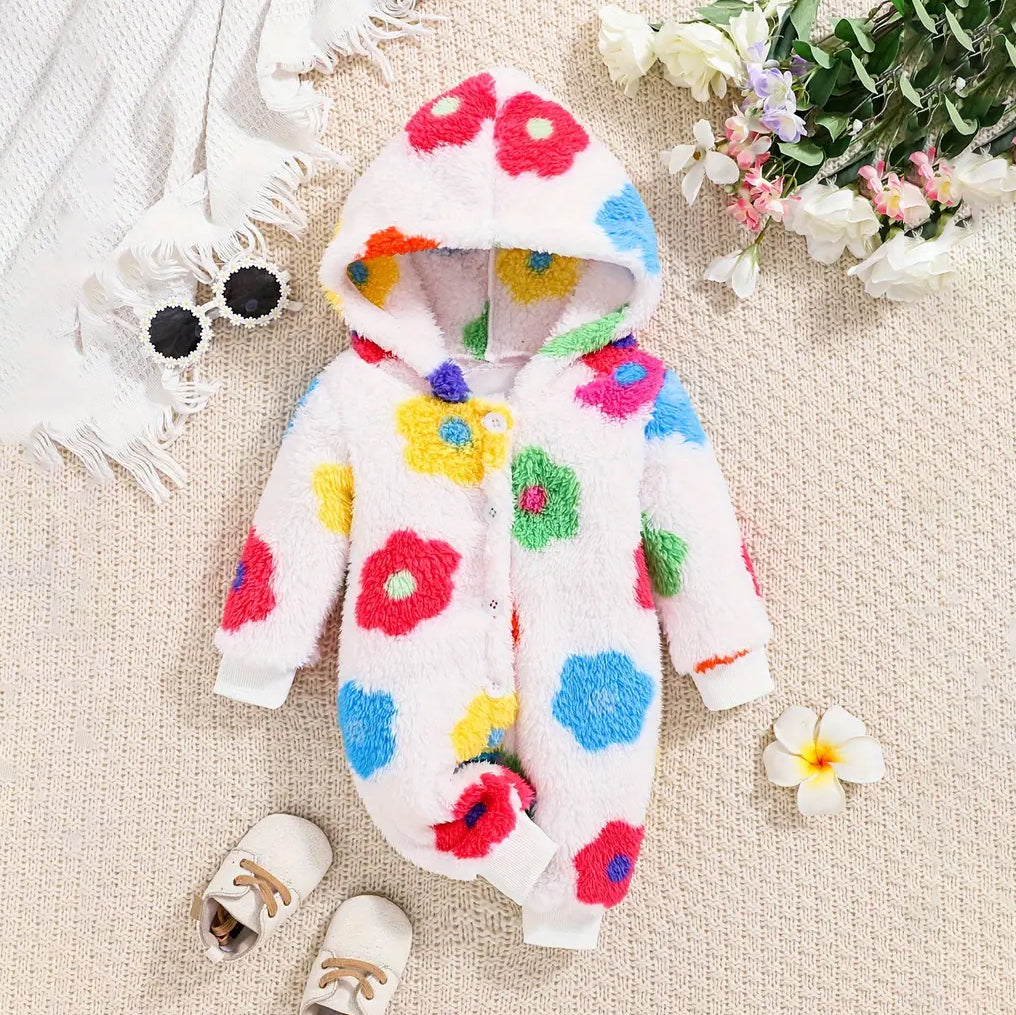 Cute Floral Printed Long Sleeve Fuzzy Hooded Baby Jumpsuit