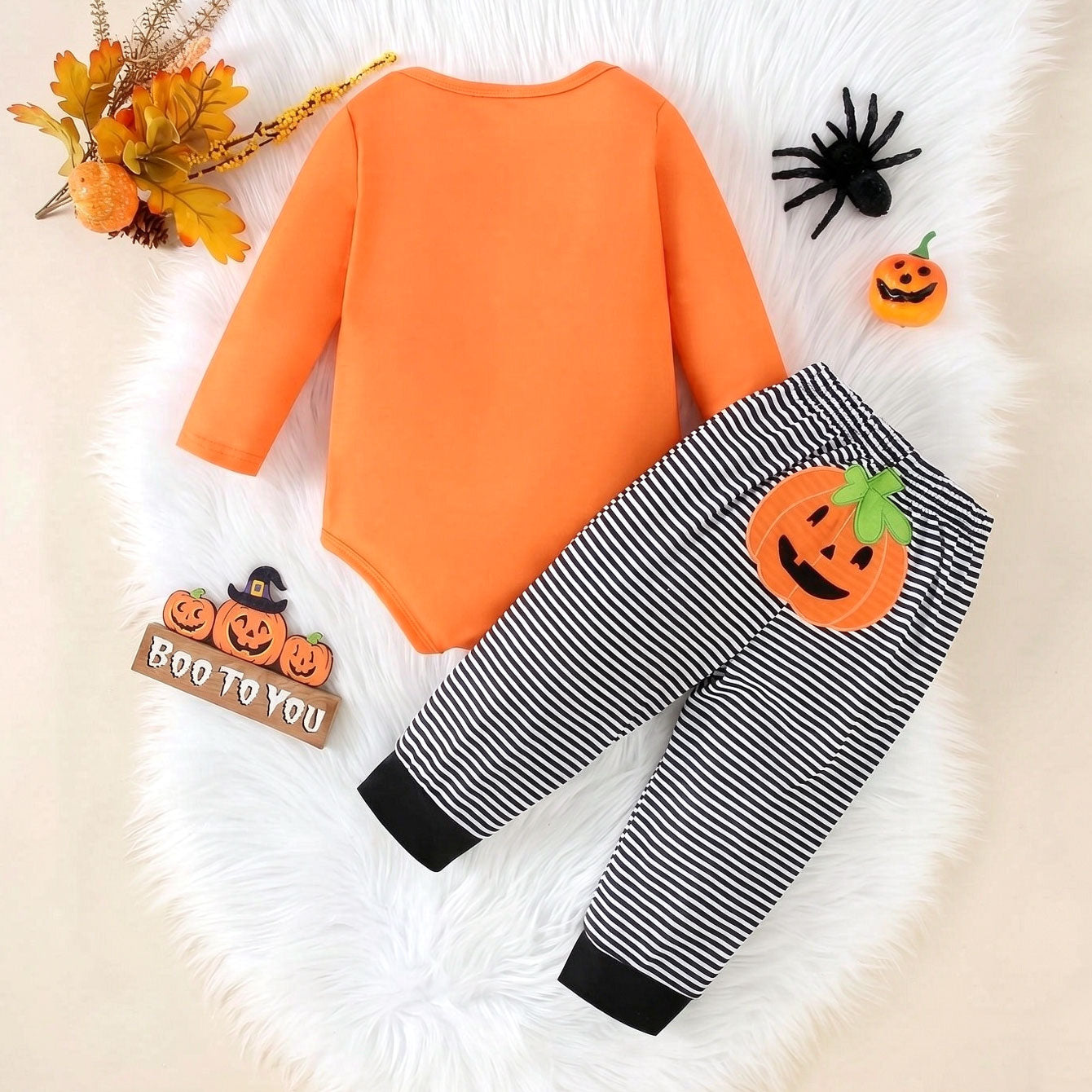 2PCS Halloween Trick Or Treat Letter Pumpkin Stripe Printed Baby Set