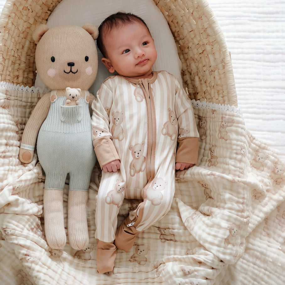 Lovely Teddy Bear & Stripe Print Zipper Long Sleeve Baby Jumpsuit