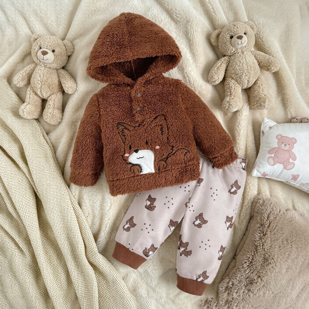2PCS Ultra-Soft Fox Design Long Sleeve Baby Hoodie Set